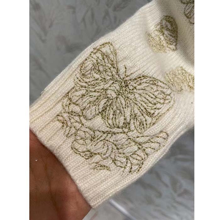 Dior Women CD Embroidered Cardigan Wool Cashmere Knit Gold-Tone White Gradient Butterflies Motif