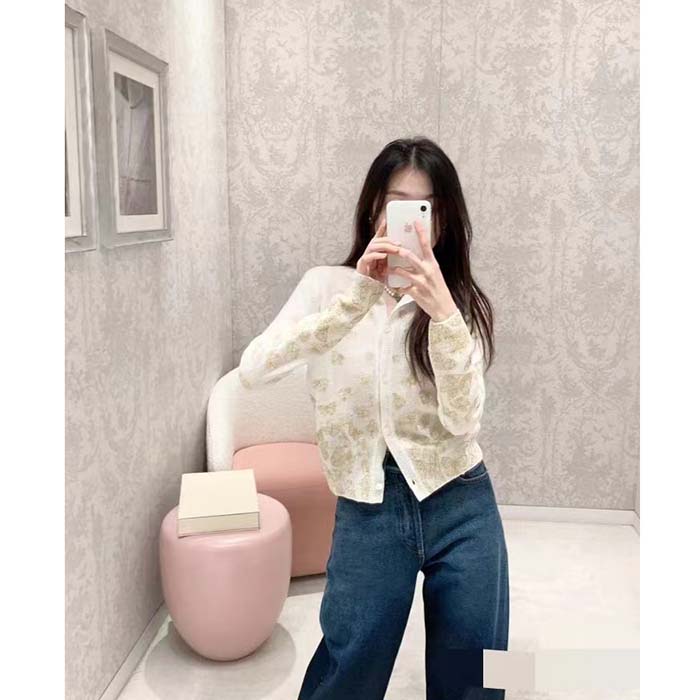 Dior Women CD Embroidered Cardigan Wool Cashmere Knit Gold-Tone White Gradient Butterflies Motif