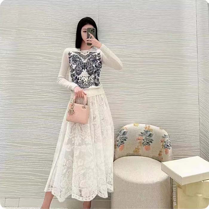 Dior Women CD Embroidered Sweater Ecru Cashmere Knit Pastel Midnight Blue Butterfly Around The World
