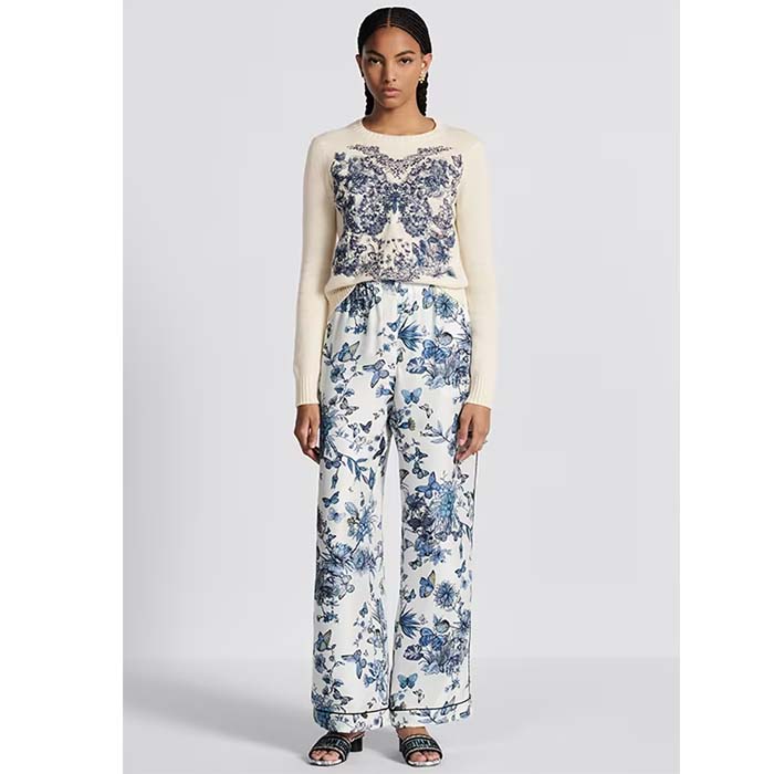 Dior Women CD Embroidered Sweater Ecru Cashmere Knit Pastel Midnight Blue Butterfly Around The World