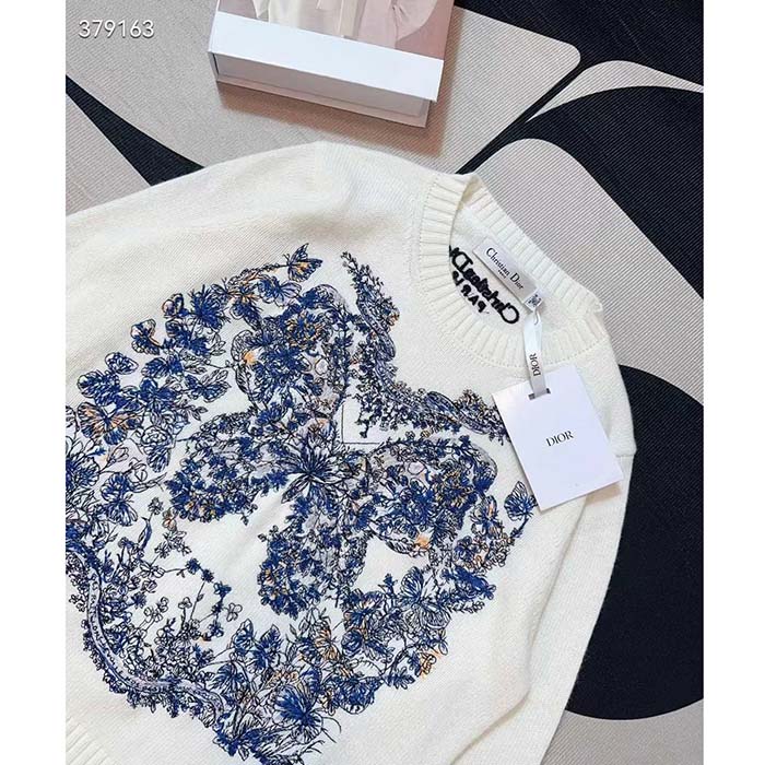 Dior Men CD Embroidered Sweater Ecru Cashmere Knit Pastel Midnight Blue Butterfly Around The World
