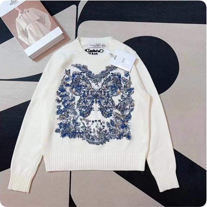 Dior Men CD Embroidered Sweater Ecru Cashmere Knit Pastel Midnight Blue Butterfly Around The World