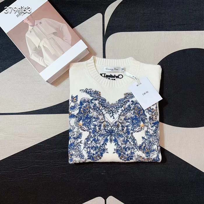 Dior Men CD Embroidered Sweater Ecru Cashmere Knit Pastel Midnight Blue Butterfly Around The World