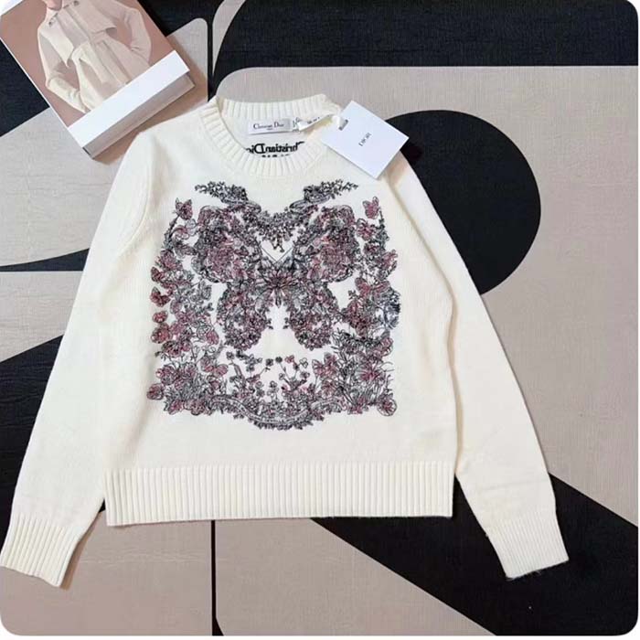 Dior Women CD Embroidered Sweater Ecru Cashmere Knit Pastel Pink Butterfly Around The World Motif