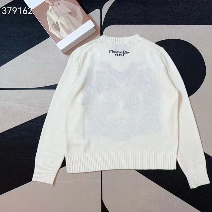 Dior Women CD Embroidered Sweater Ecru Cashmere Knit Pastel Pink Butterfly Around The World Motif
