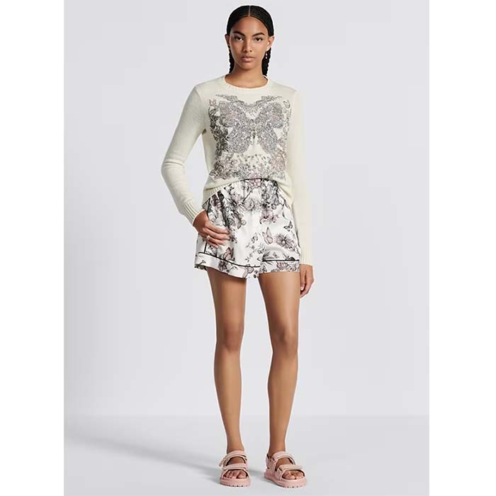Dior Women CD Embroidered Sweater Ecru Cashmere Knit Pastel Pink Butterfly Around The World Motif