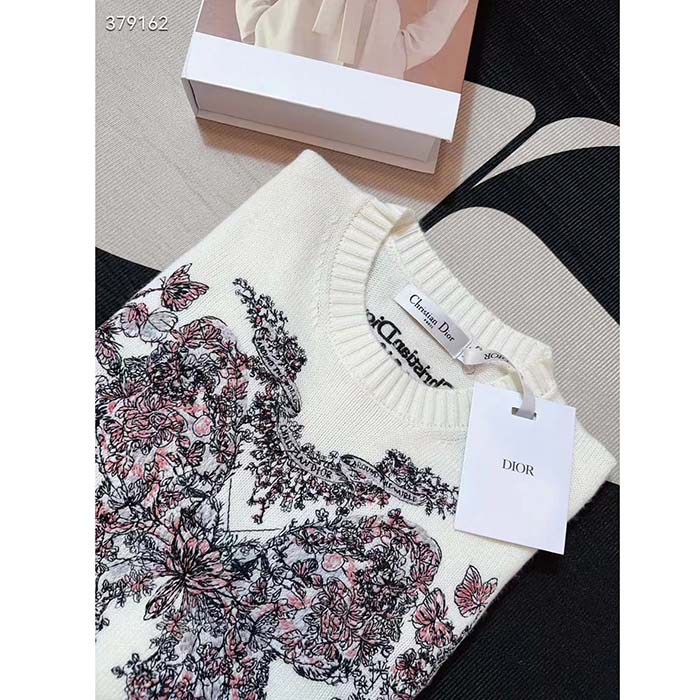 Dior Women CD Embroidered Sweater Ecru Cashmere Knit Pastel Pink Butterfly Around The World Motif