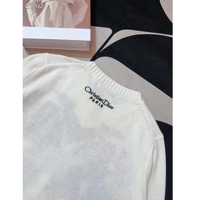 Dior Women CD Embroidered Sweater Ecru Cashmere Knit Pastel Pink Butterfly Around The World Motif