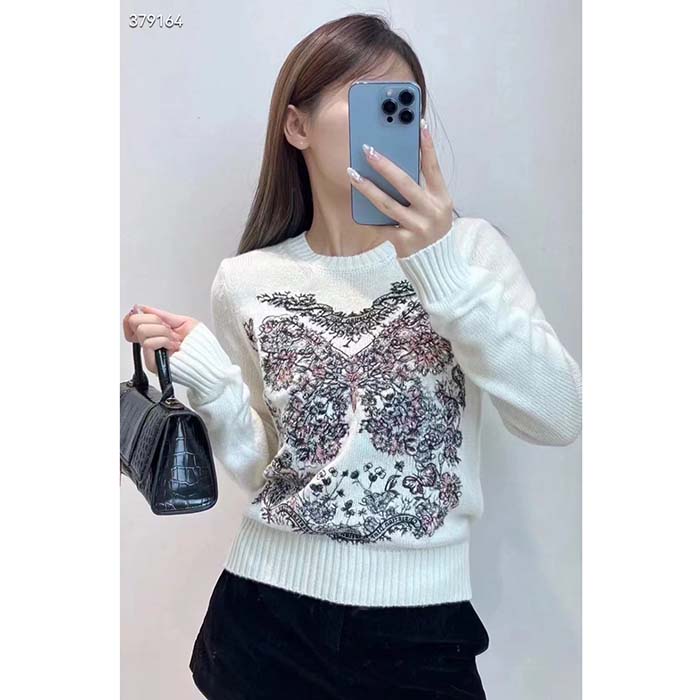 Dior Women CD Embroidered Sweater Ecru Cashmere Knit Pastel Pink Butterfly Around The World Motif