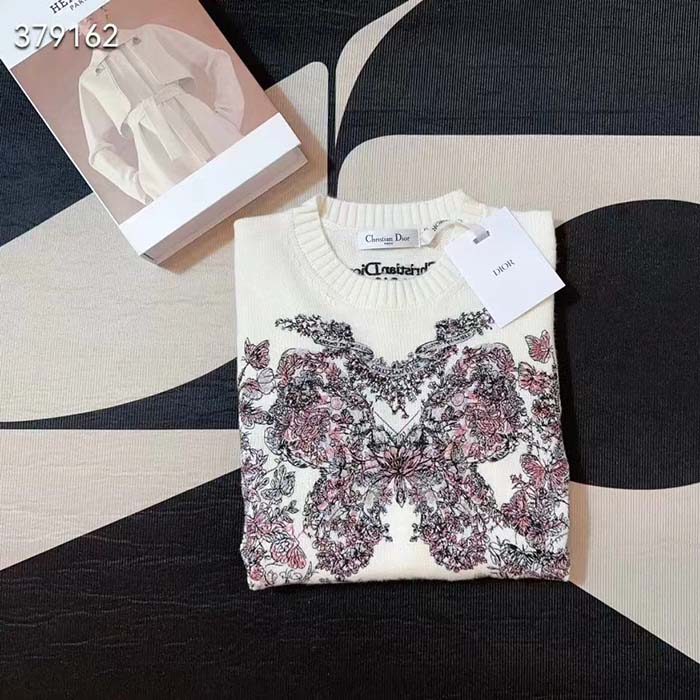 Dior Women CD Embroidered Sweater Ecru Cashmere Knit Pastel Pink Butterfly Around The World Motif