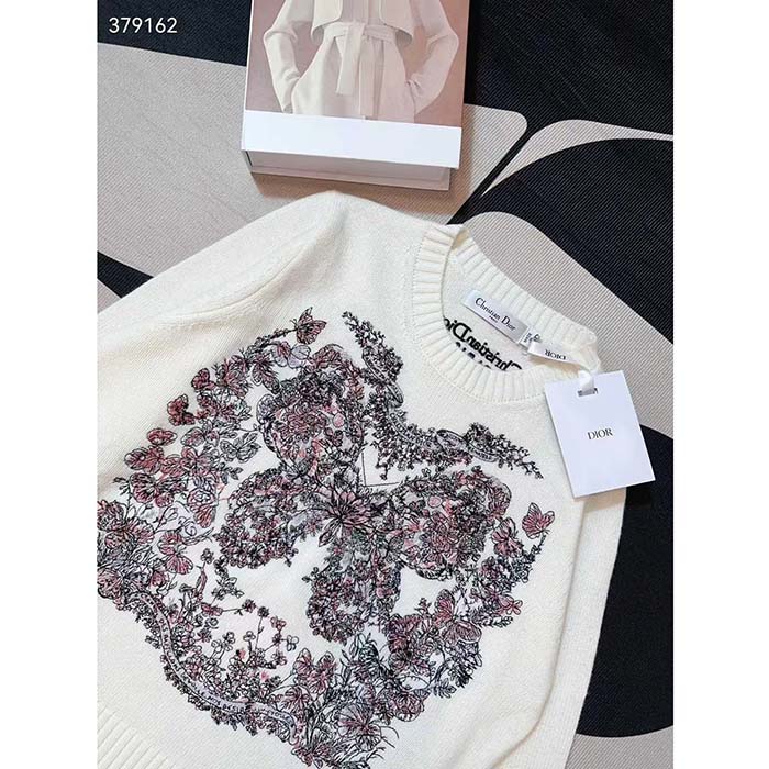 Dior Women CD Embroidered Sweater Ecru Cashmere Knit Pastel Pink Butterfly Around The World Motif