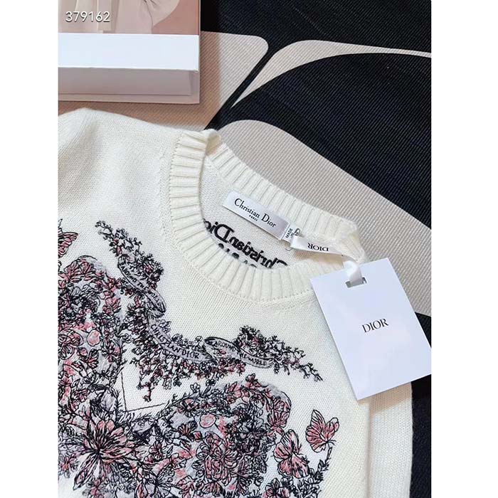 Dior Women CD Embroidered Sweater Ecru Cashmere Knit Pastel Pink Butterfly Around The World Motif