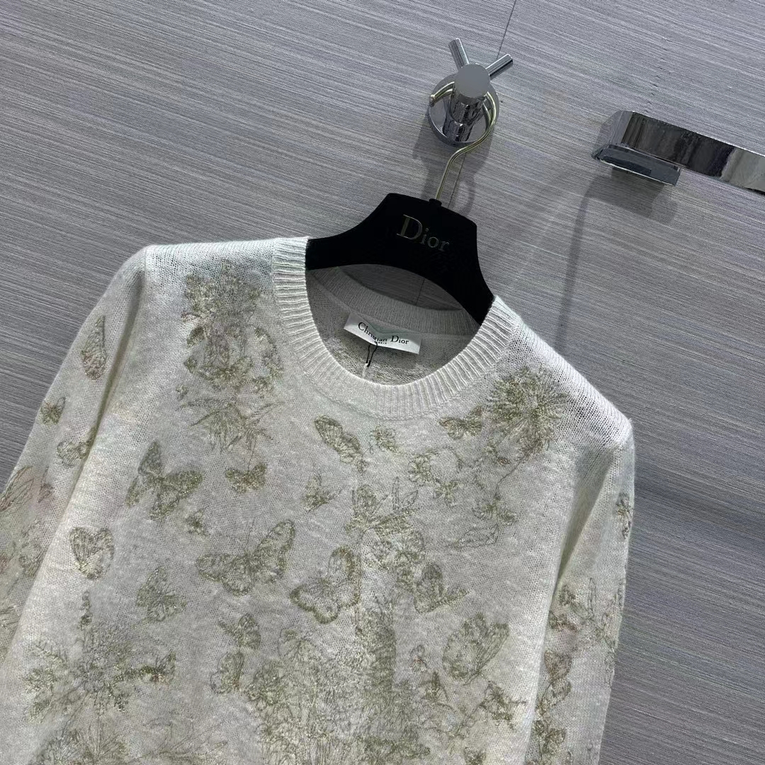 Dior Women CD Embroidered Sweater White Wool Cashmere Knit Gold-Tone Butterflies Motif