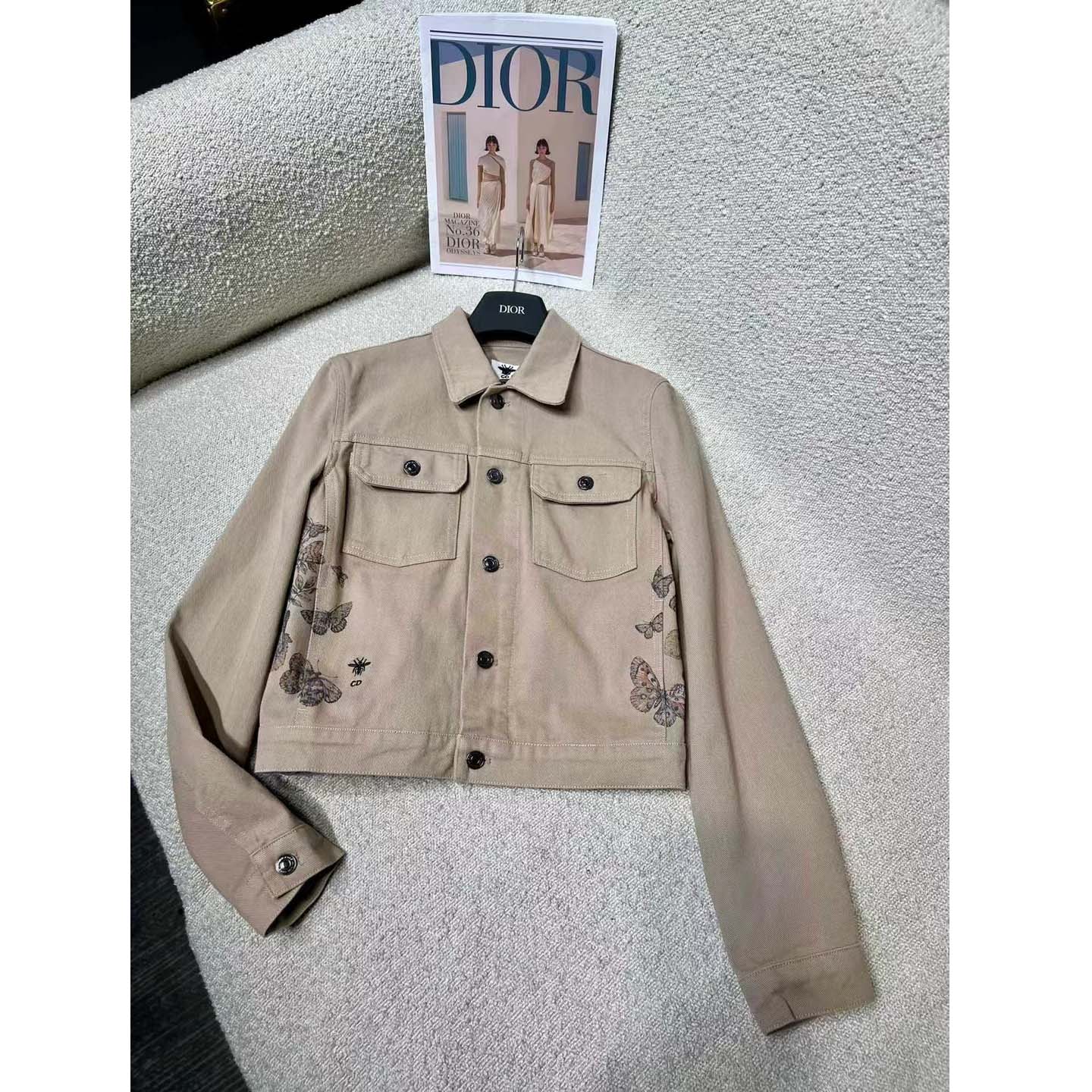 Dior Women CD Jacket Beige Cotton Denim Multicolor Butterfly Around The World Motif