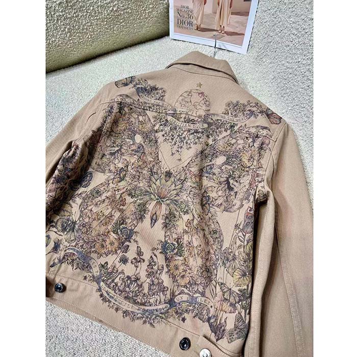 Dior Women CD Jacket Beige Cotton Denim Multicolor Butterfly Around The World Motif
