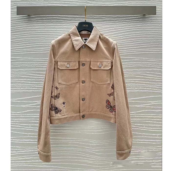 Dior Women CD Jacket Beige Cotton Denim Multicolor Butterfly Around The World Motif