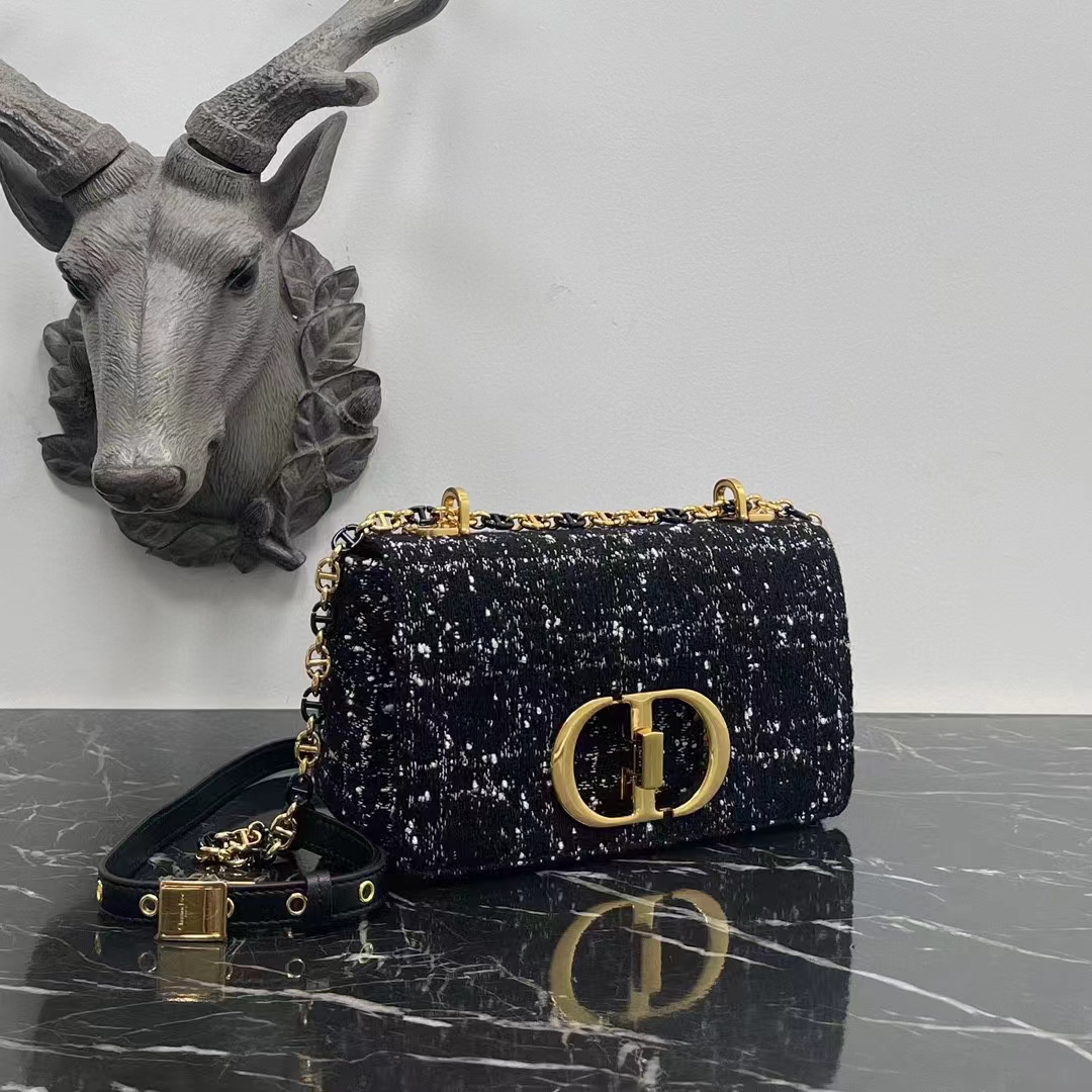 Dior Women CD Medium Dior Caro Bag Black Cannage Tweed