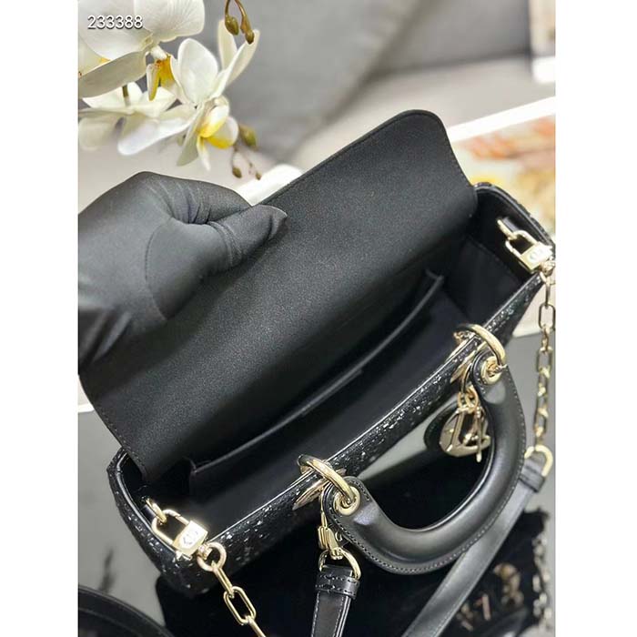 Dior Women CD Medium Lady D-Joy Bag Black Cannage Tweed