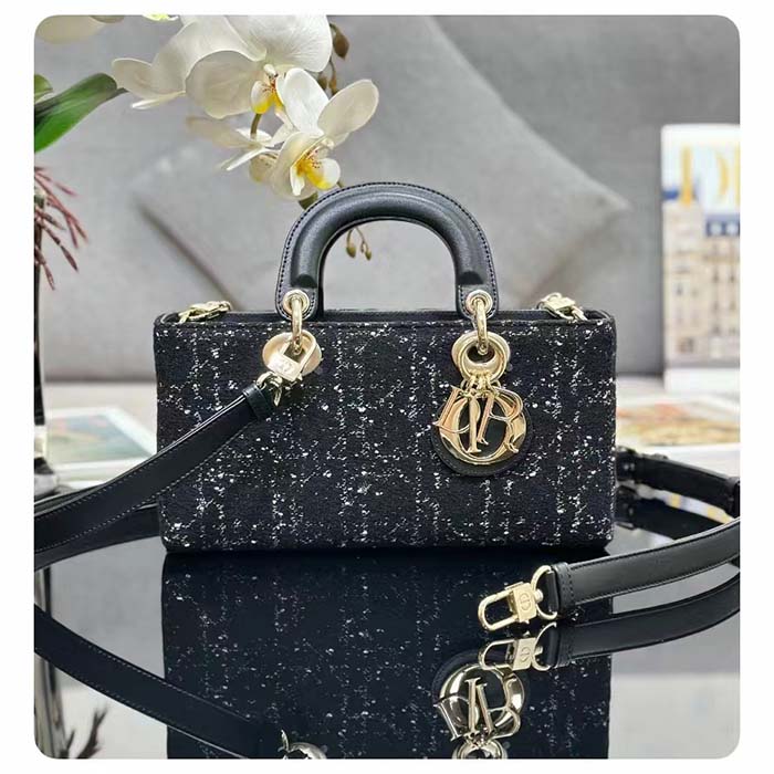 Dior Women CD Medium Lady D-Joy Bag Black Cannage Tweed