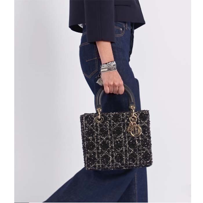 Dior Women CD Medium Lady D-Lite Bag Black Cannage Tweed