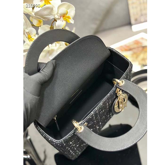 Dior Women CD Medium Lady D-Lite Bag Black Cannage Tweed