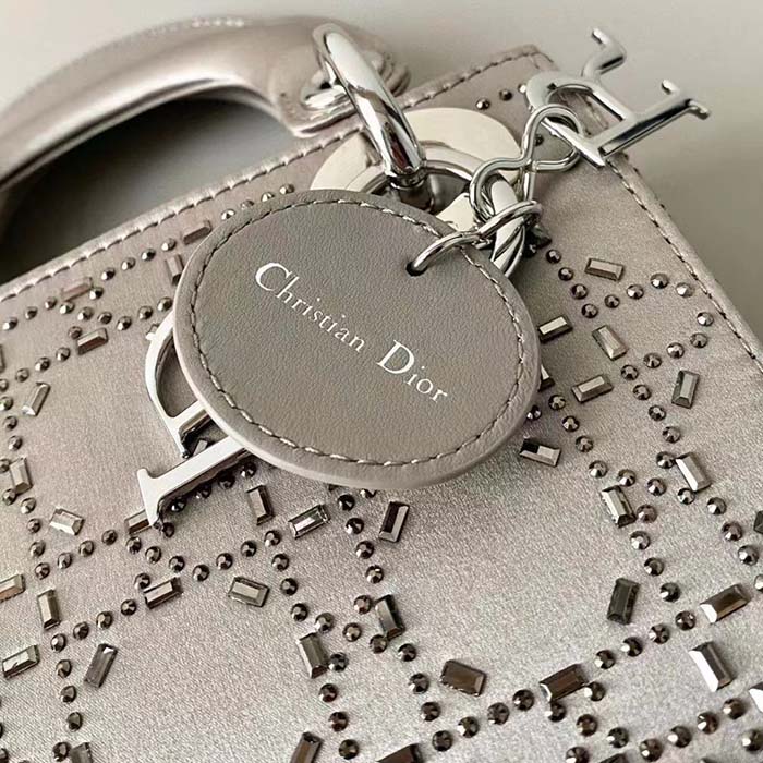 Dior Women CD Mini Lady Dior Bag Platinum Metallic Cannage Lambskin Beaded Embroidery