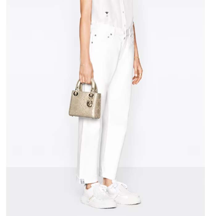 Dior Women CD Mini Lady Dior Bag Platinum Metallic Cannage Lambskin Beaded Embroidery