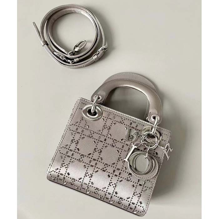 Dior Women CD Mini Lady Dior Bag Platinum Metallic Cannage Lambskin Beaded Embroidery