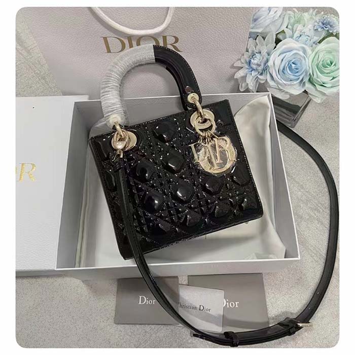 Dior Women CD Small Lady Dior Bag Black Patent Cannage Calfskin