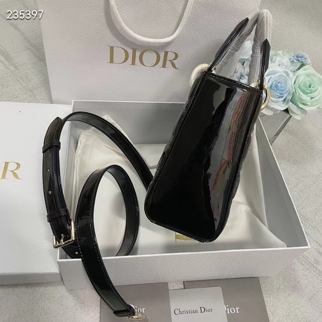 Dior Women CD Small Lady Dior Bag Black Patent Cannage Calfskin