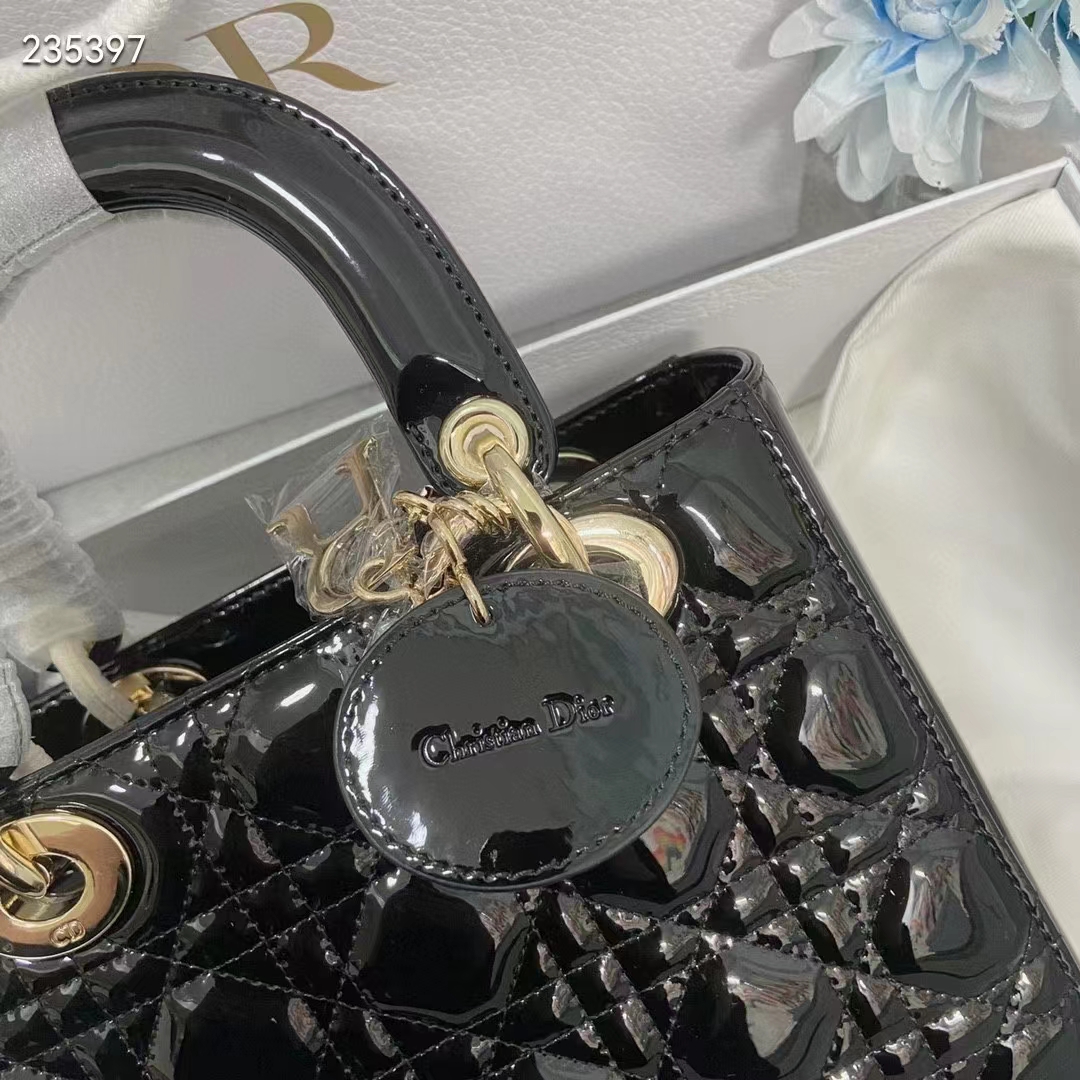 Dior Women CD Small Lady Dior Bag Black Patent Cannage Calfskin