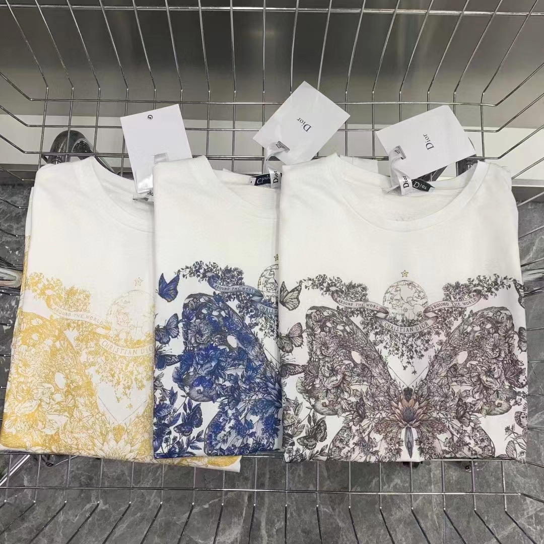 Dior Women CD T-Shirt White Cotton Jersey Gold-Tone Butterfly Around The World Motif