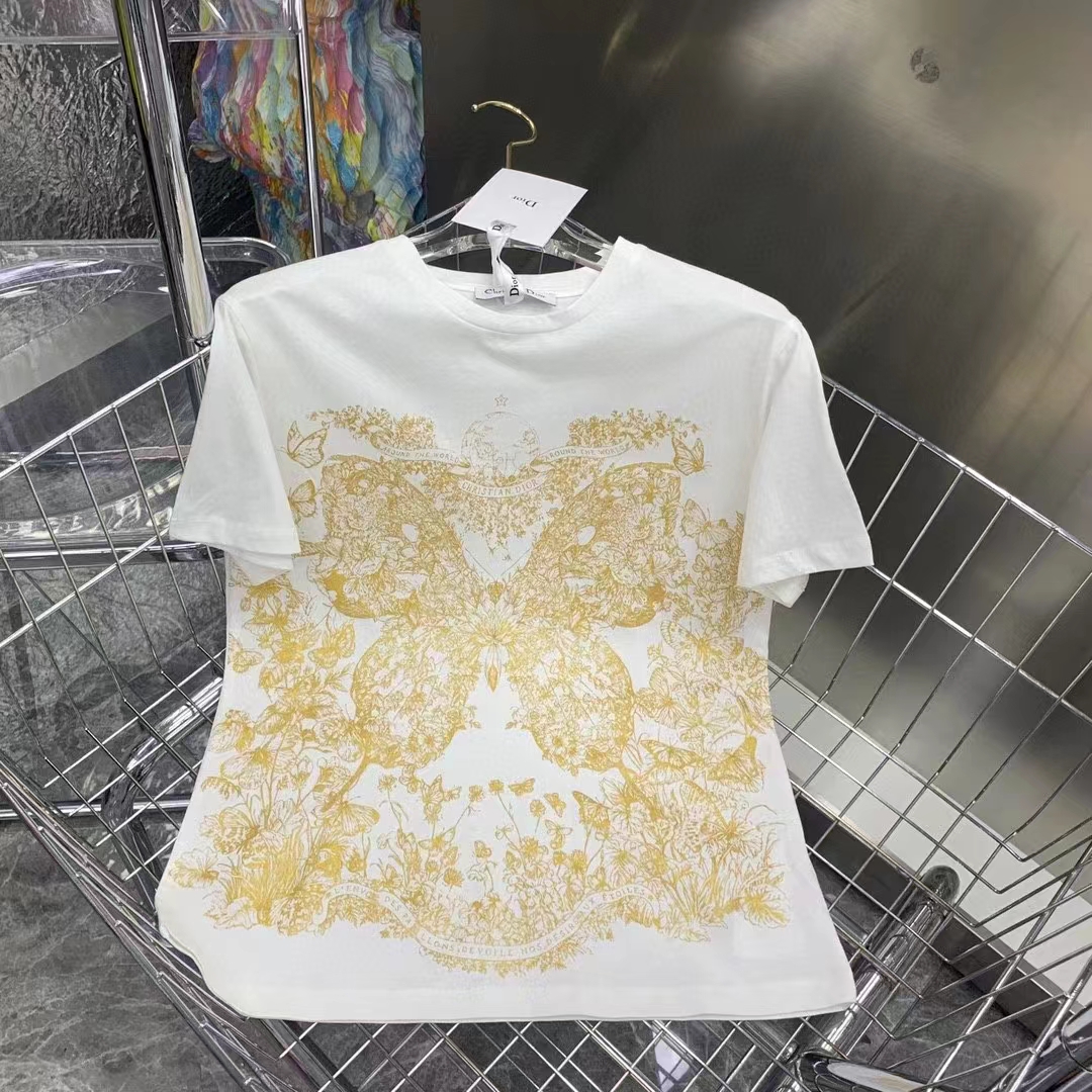 Dior Women CD T-Shirt White Cotton Jersey Gold-Tone Butterfly Around The World Motif