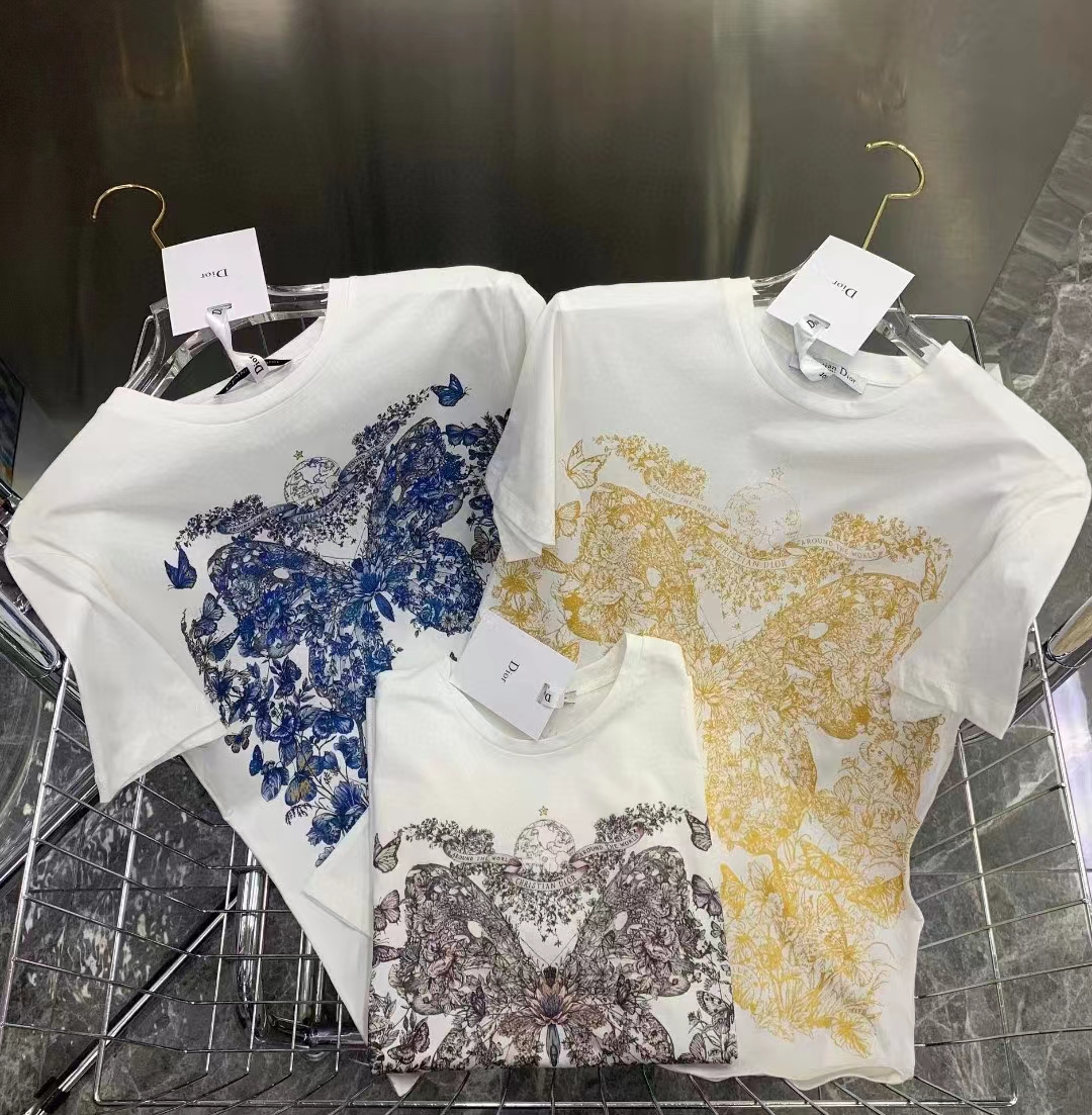 Dior Women CD T-Shirt White Cotton Jersey Gold-Tone Butterfly Around The World Motif