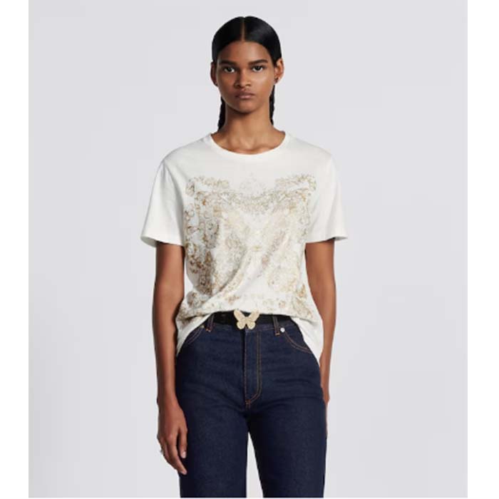 Dior Women CD T-Shirt White Cotton Jersey Gold-Tone Butterfly Around The World Motif