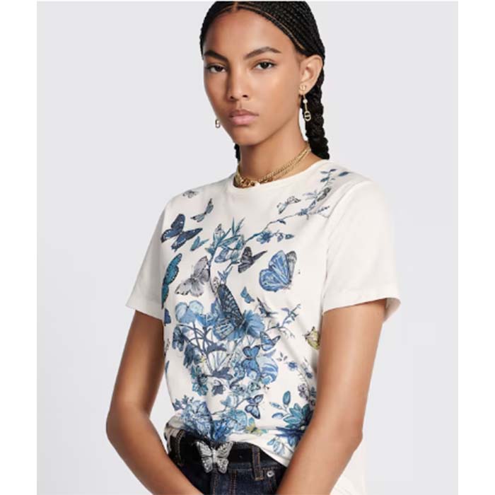 Dior Women CD T-Shirt White Cotton Jersey Pastel Midnight Blue Toile De Jouy Mexico Motif