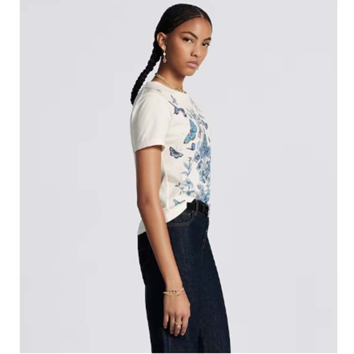 Dior Women CD T-Shirt White Cotton Jersey Pastel Midnight Blue Toile De Jouy Mexico Motif