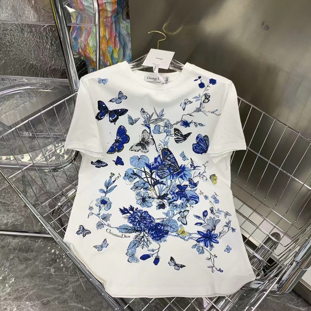 Dior Men CD T-Shirt White Cotton Jersey Pastel Midnight Blue Toile De Jouy Mexico Motif
