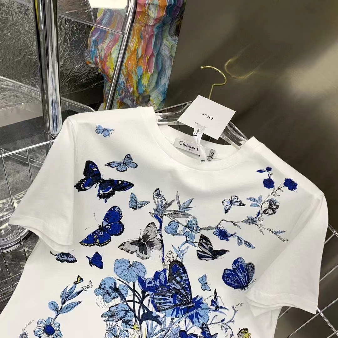 Dior Men CD T-Shirt White Cotton Jersey Pastel Midnight Blue Toile De Jouy Mexico Motif