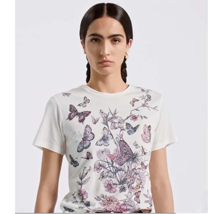 Dior Women CD T-Shirt White Cotton Jersey Pastel Pink Toile De Jouy Mexico Motif