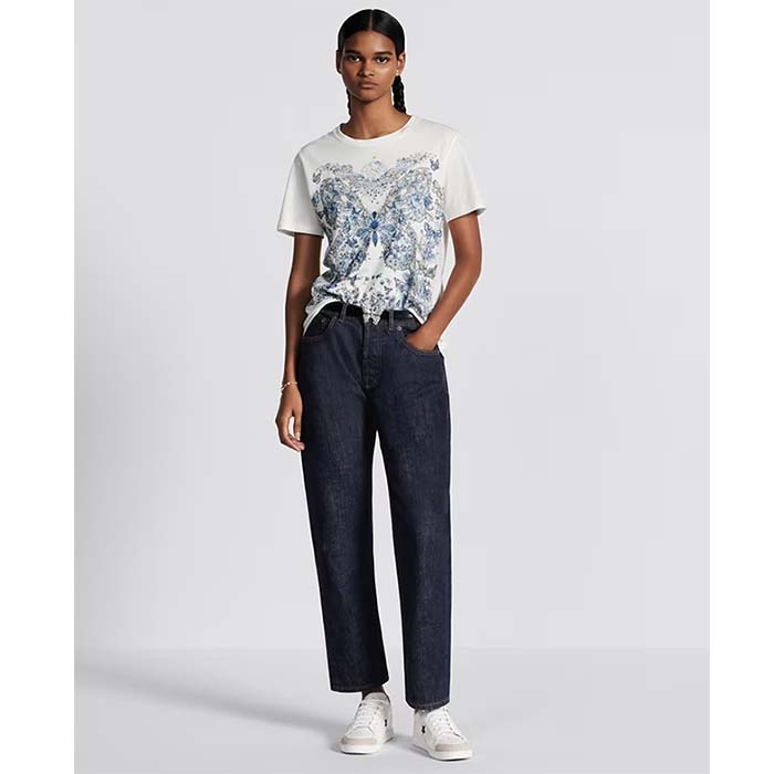 Dior Women CD T-Shirt White Cotton Linen Jersey Pastel Midnight Blue Butterfly Around The World Motif