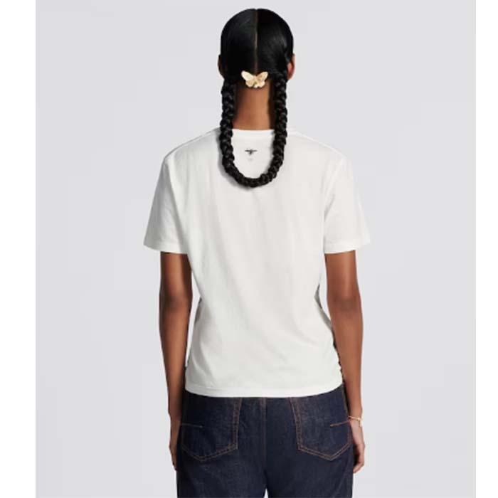 Dior Women CD T-Shirt White Cotton Linen Jersey Pastel Midnight Blue Butterfly Around The World Motif