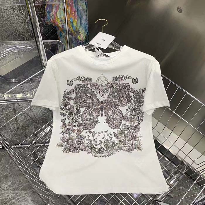Dior Women CD T-Shirt White Cotton Linen Jersey Pastel Pink Butterfly Around The World Motif