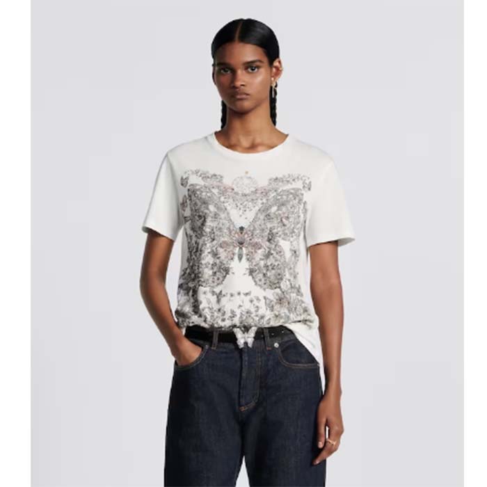 Dior Women CD T-Shirt White Cotton Linen Jersey Pastel Pink Butterfly Around The World Motif