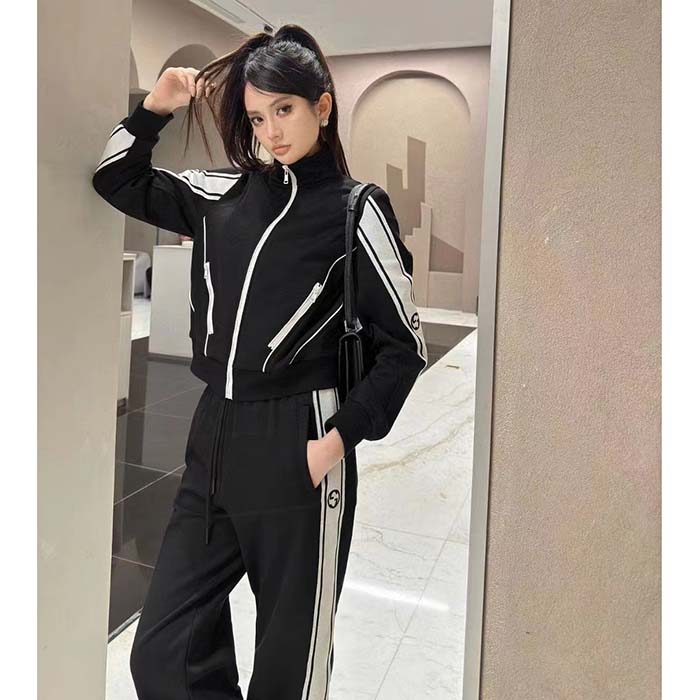 G*u*i gg women cotton jersey zip jacket black lightweight felted point collar long sleeves