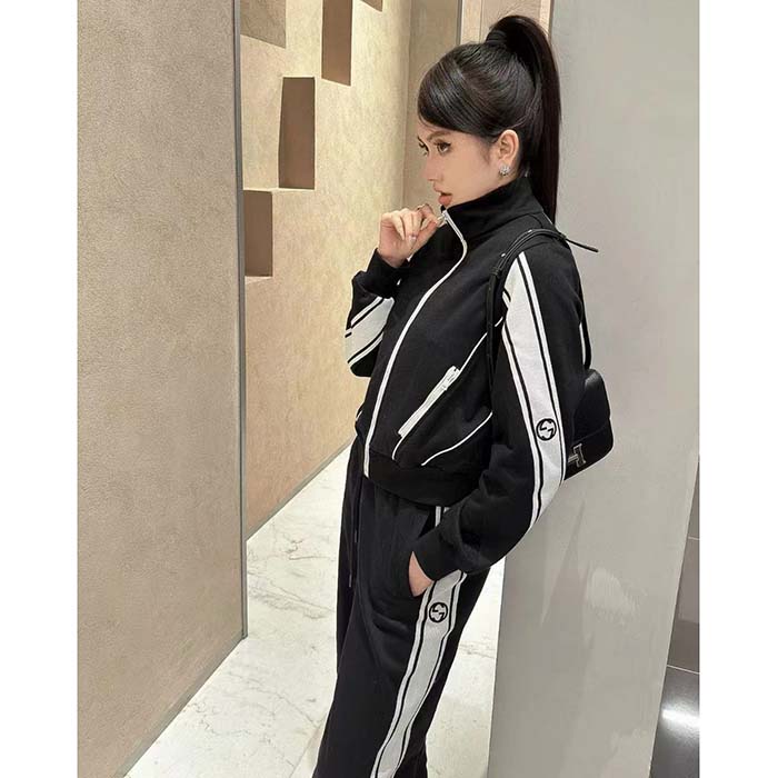 G*u*i gg women cotton jersey zip jacket black lightweight felted point collar long sleeves