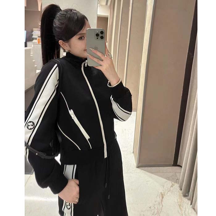G*u*i gg women cotton jersey zip jacket black lightweight felted point collar long sleeves