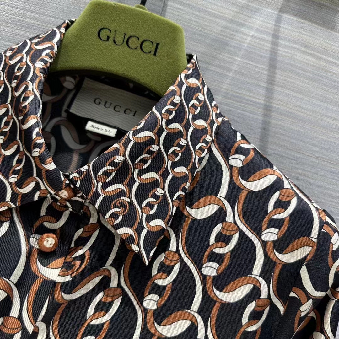 G*u*i gg women interlocking g chain print silk shirt point collar long sleeves