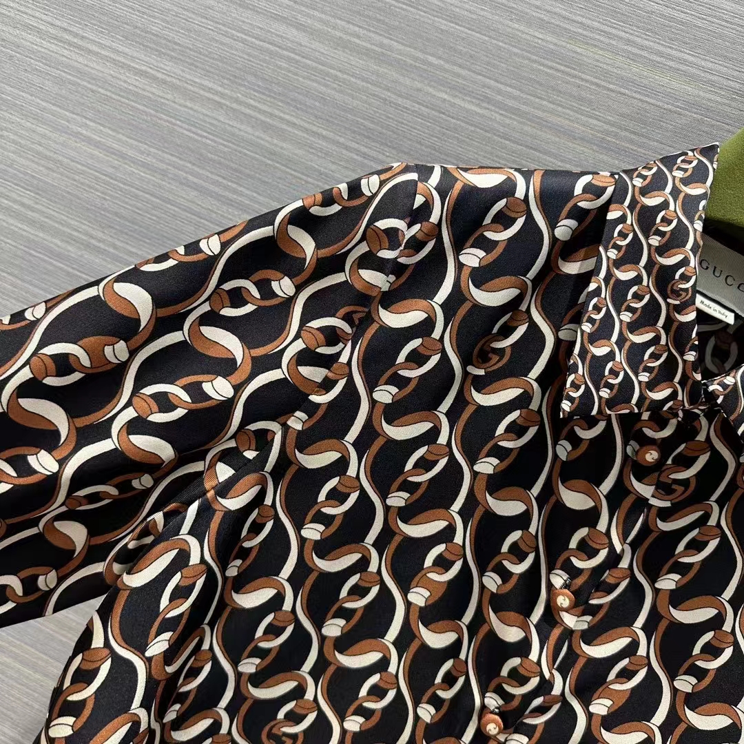 G*u*i gg women interlocking g chain print silk shirt point collar long sleeves