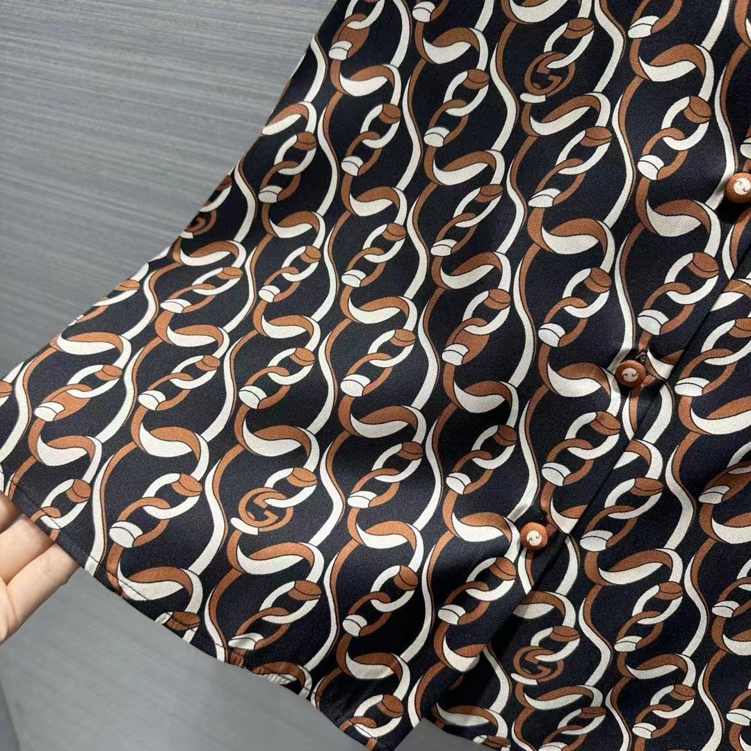 G*u*i gg women interlocking g chain print silk shirt point collar long sleeves